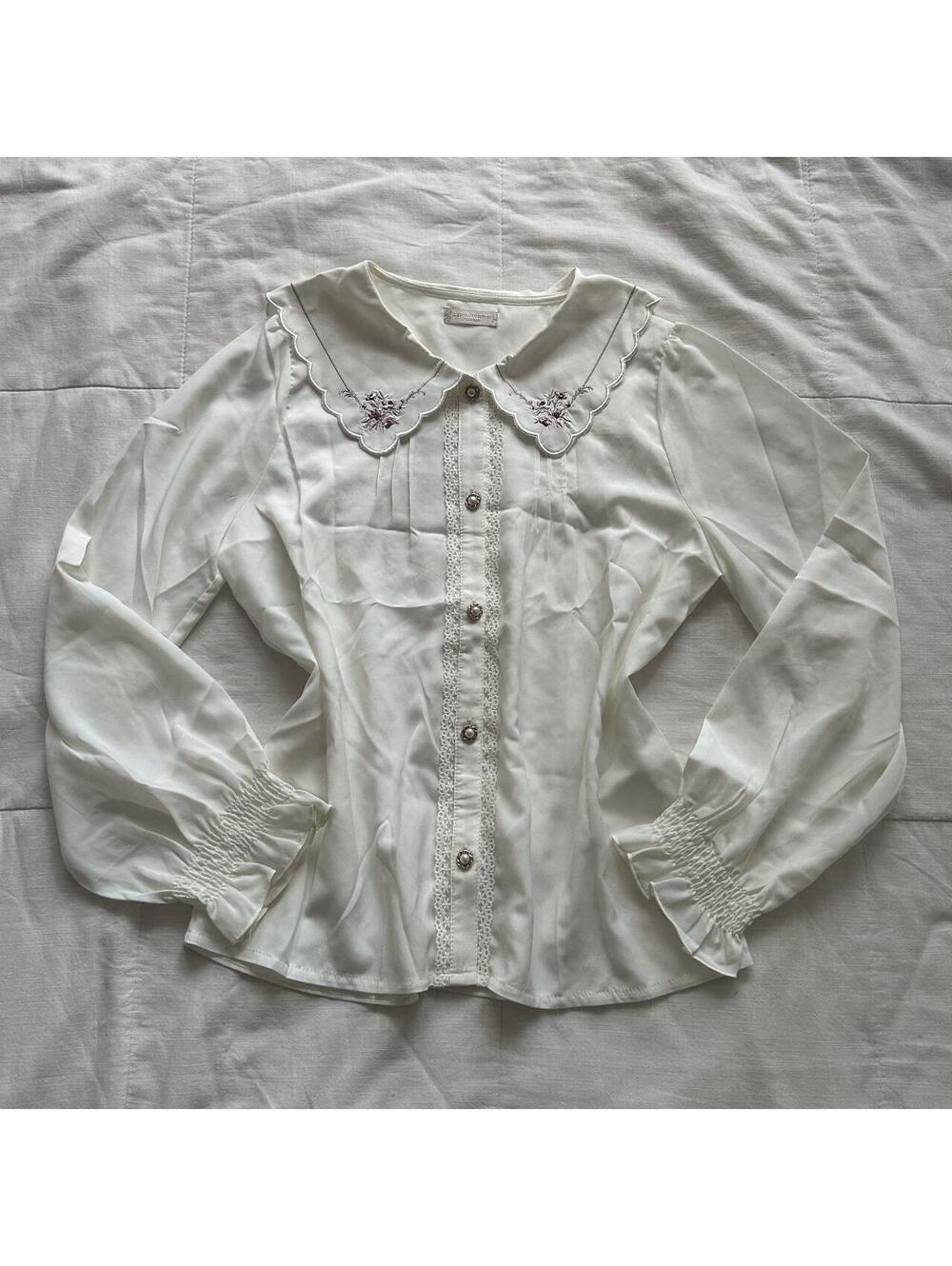 Axes Femme Ivory Embroidered Sailor Collar Lace Blouse Medium Japan
